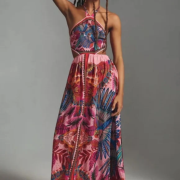 chinese dress ladies Tropical Tapestry Off-White Halter Neck Maxi Dress main image 1
